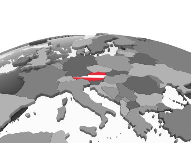 Avusturya katıştırılmış bayrak ile gri siyasi dünya üzerinde. 3D çizim.