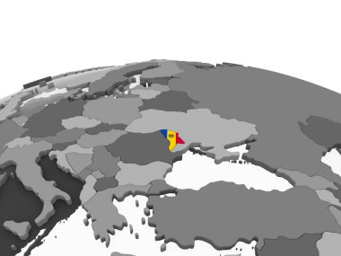Moldova katıştırılmış bayrak ile gri siyasi dünya üzerinde. 3D çizim.