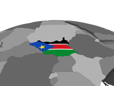 Güney Sudan katıştırılmış bayrak ile gri siyasi dünya üzerinde. 3D çizim.