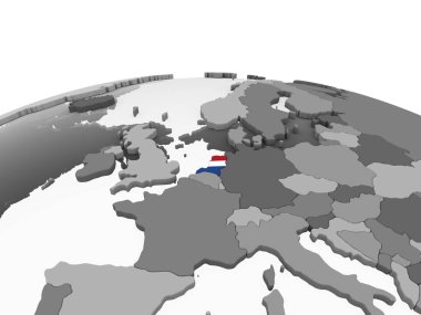 Hollanda katıştırılmış bayrak ile gri siyasi dünya üzerinde. 3D çizim.