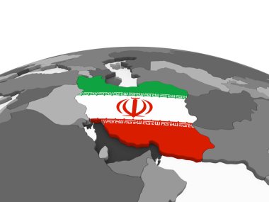 Iran katıştırılmış bayrak ile gri siyasi dünya üzerinde. 3D çizim.