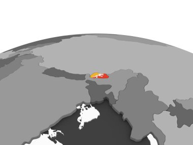 Bhutan katıştırılmış bayrak ile gri siyasi dünya üzerinde. 3D çizim.