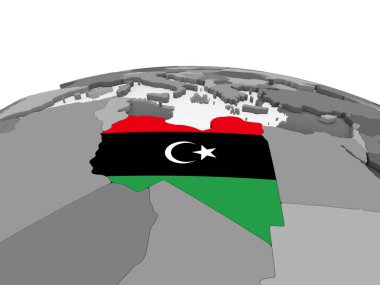 Libya katıştırılmış bayrak ile gri siyasi dünya üzerinde. 3D çizim.