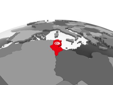 Tunus katıştırılmış bayrak ile gri siyasi dünya üzerinde. 3D çizim.