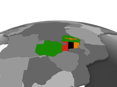 Zambiya katıştırılmış bayrak ile gri siyasi dünya üzerinde. 3D çizim.