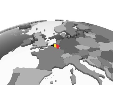 Belçika katıştırılmış bayrak ile gri siyasi dünya üzerinde. 3D çizim.