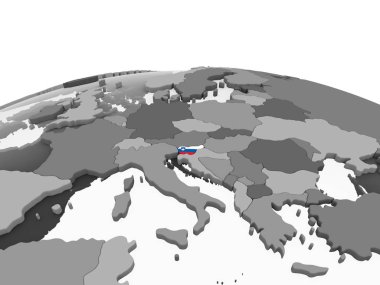 Slovenya katıştırılmış bayrak ile gri siyasi dünya üzerinde. 3D çizim.