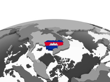 Kamboçya katıştırılmış bayrak ile gri siyasi dünya üzerinde. 3D çizim.