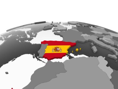 İspanya katıştırılmış bayrak ile gri siyasi dünya üzerinde. 3D çizim.