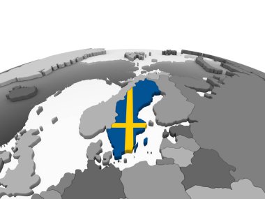 İsveç katıştırılmış bayrak ile gri siyasi dünya üzerinde. 3D çizim.