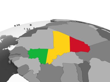 Mali katıştırılmış bayrak ile gri siyasi dünya üzerinde. 3D çizim.