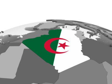 Cezayir katıştırılmış bayrak ile gri siyasi dünya üzerinde. 3D çizim.