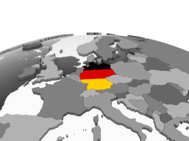 Almanya katıştırılmış bayrak ile gri siyasi dünya üzerinde. 3D çizim.