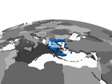 Yunanistan katıştırılmış bayrak ile gri siyasi dünya üzerinde. 3D çizim.