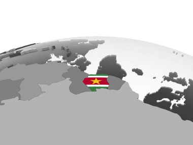 Surinam katıştırılmış bayrak ile gri siyasi dünya üzerinde. 3D çizim.