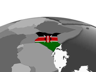 Kenya katıştırılmış bayrak ile gri siyasi dünya üzerinde. 3D çizim.