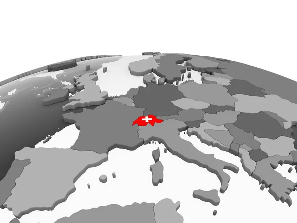 瑞士在灰色政治地球与嵌入的旗子 — 图库照片