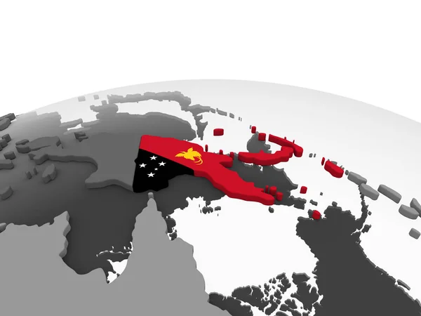 巴布亚新几内亚在灰色政治地球与嵌入的旗子 — 图库照片