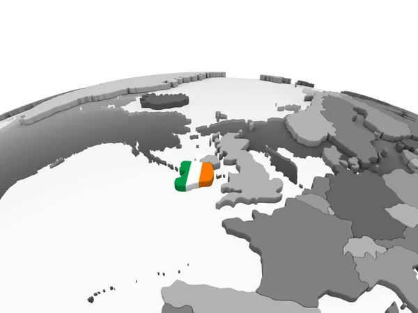爱尔兰在灰色政治地球与嵌入的旗子 — 图库照片