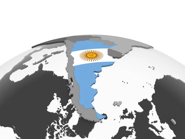 阿根廷在灰色政治地球仪与嵌入的旗子 — 图库照片