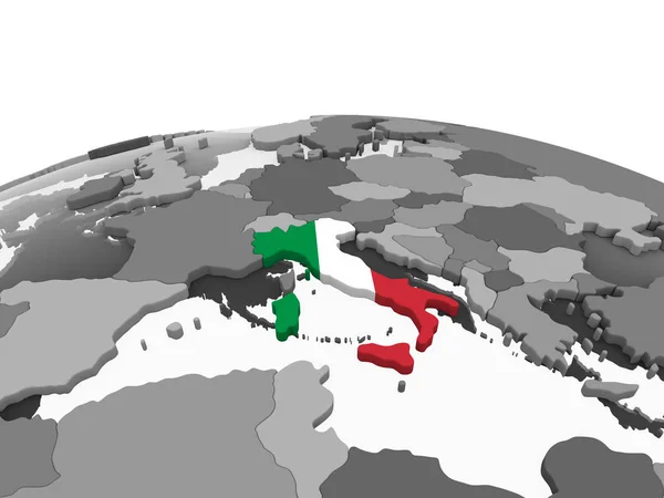 Италия Сером Политическом Глобусе Встроенным Флагом Иллюстрация — стоковое фото