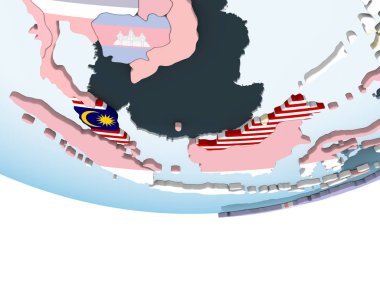 Malezya katıştırılmış bayrak ile parlak siyasi dünya üzerinde. 3D çizim.