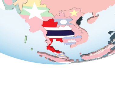 Tayland katıştırılmış bayrak ile parlak siyasi dünya üzerinde. 3D çizim.