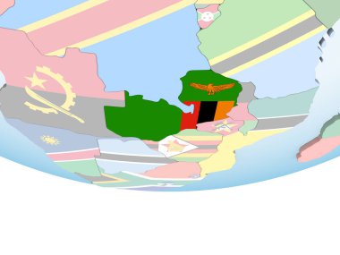 Zambiya katıştırılmış bayrak ile parlak siyasi dünya üzerinde. 3D çizim.