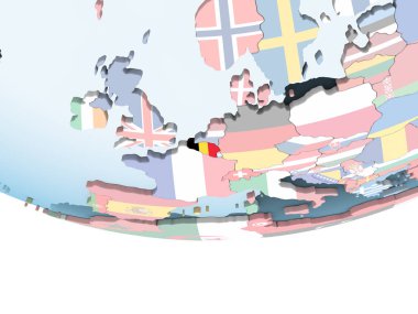 Belçika katıştırılmış bayrak ile parlak siyasi dünya üzerinde. 3D çizim.
