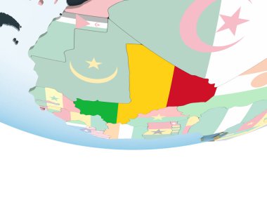 Mali katıştırılmış bayrak ile parlak siyasi dünya üzerinde. 3D çizim.