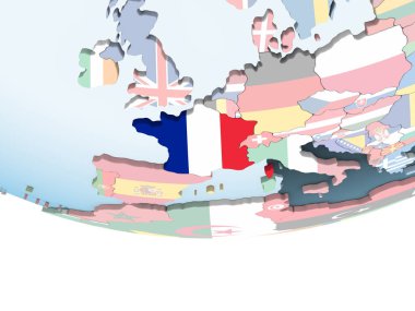 Fransa katıştırılmış bayrak ile parlak siyasi dünya üzerinde. 3D çizim.