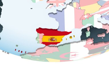 İspanya katıştırılmış bayrak ile parlak siyasi dünya üzerinde. 3D çizim.