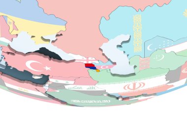 Ermenistan katıştırılmış bayrak ile parlak siyasi dünya üzerinde. 3D çizim.