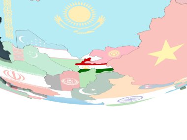 Tacikistan katıştırılmış bayrak ile parlak siyasi dünya üzerinde. 3D çizim.