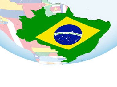 Brezilya katıştırılmış bayrak ile parlak siyasi dünya üzerinde. 3D çizim.