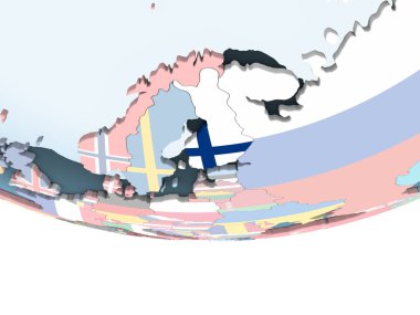 Finlandiya katıştırılmış bayrak ile parlak siyasi dünya üzerinde. 3D çizim.