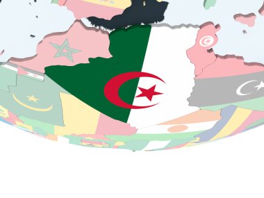Cezayir katıştırılmış bayrak ile parlak siyasi dünya üzerinde. 3D çizim.