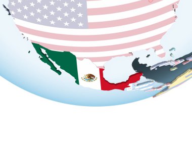 Meksika katıştırılmış bayrak ile parlak siyasi dünya üzerinde. 3D çizim.