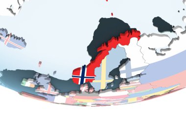 Norveç katıştırılmış bayrak ile parlak siyasi dünya üzerinde. 3D çizim.
