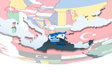 Yunanistan katıştırılmış bayrak ile parlak siyasi dünya üzerinde. 3D çizim.