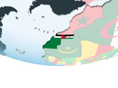 Batı Sahra katıştırılmış bayrak ile parlak siyasi dünya üzerinde. 3D çizim.