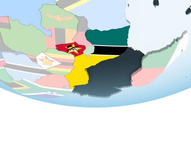 Mozambik katıştırılmış bayrak ile parlak siyasi dünya üzerinde. 3D çizim.