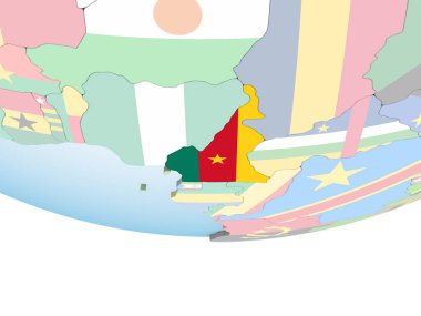Kamerun katıştırılmış bayrak ile parlak siyasi dünya üzerinde. 3D çizim.