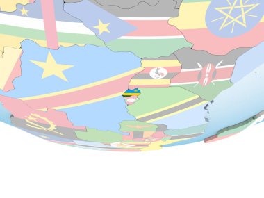 Ruanda katıştırılmış bayrak ile parlak siyasi dünya üzerinde. 3D çizim.