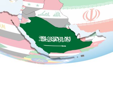 Suudi Arabistan katıştırılmış bayrak ile parlak siyasi dünya üzerinde. 3D çizim.