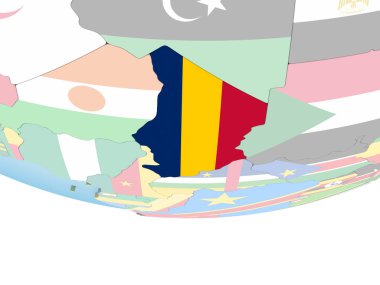 Chad katıştırılmış bayrak ile parlak siyasi dünya üzerinde. 3D çizim.