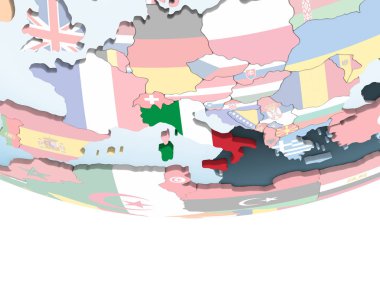 İtalya katıştırılmış bayrak ile parlak siyasi dünya üzerinde. 3D çizim.