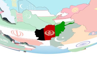 Afganistan katıştırılmış bayrak ile parlak siyasi dünya üzerinde. 3D çizim.