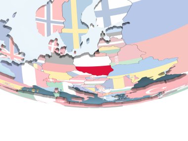 Polonya katıştırılmış bayrak ile parlak siyasi dünya üzerinde. 3D çizim.