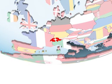 İsviçre katıştırılmış bayrak ile parlak siyasi dünya üzerinde. 3D çizim.